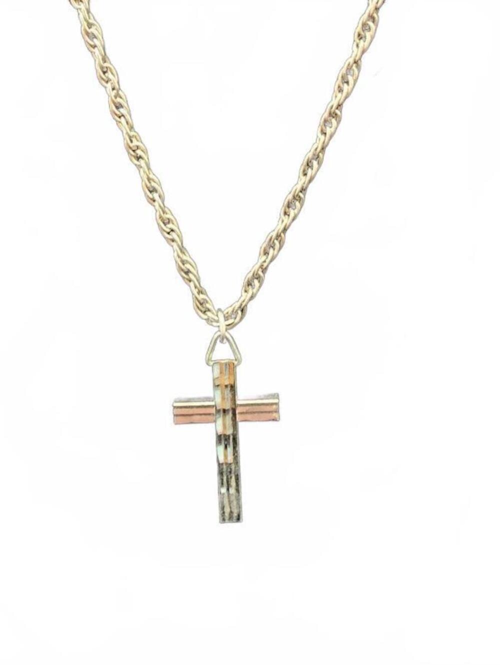 Vintage Two-Tone Cross Pendant Necklace with Rope Chain